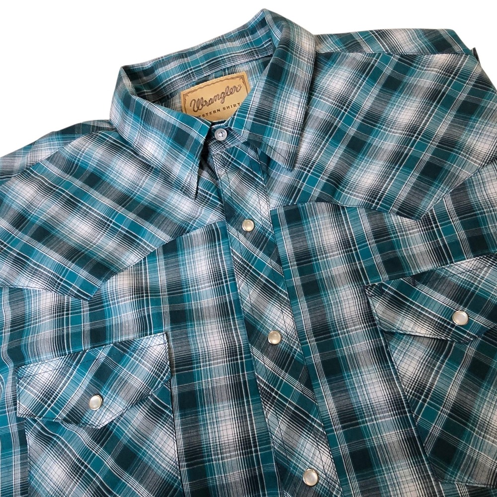 Wrangler Blue Plaid Western‎ Pearl Snap Button Up Shirt Men's Size XL Cowboy